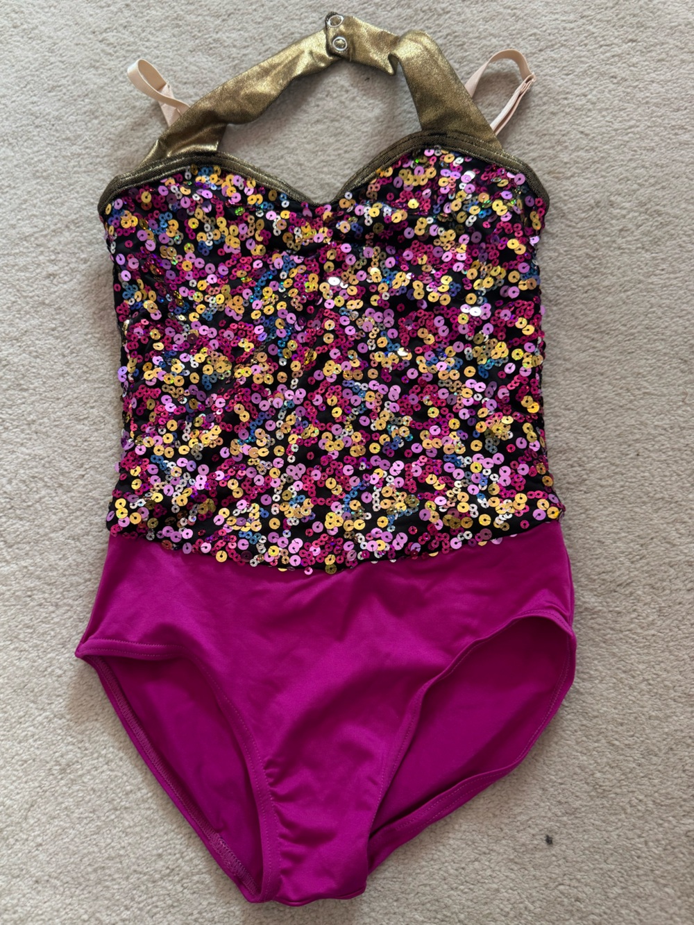 Sequin Embellished magenta Pink and gold dance leotard bodysuit